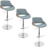 Fabrizzi Adjustable Swivel Bar Stool in Chrome, Walnut Wood & Blue Fabric (Set of 3)